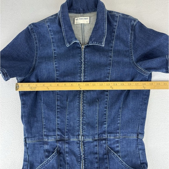 Free People Jumpsuit Womens Size XL Jayde Flare Leg Dark Blue Denim Zip - Picture 3 of 13